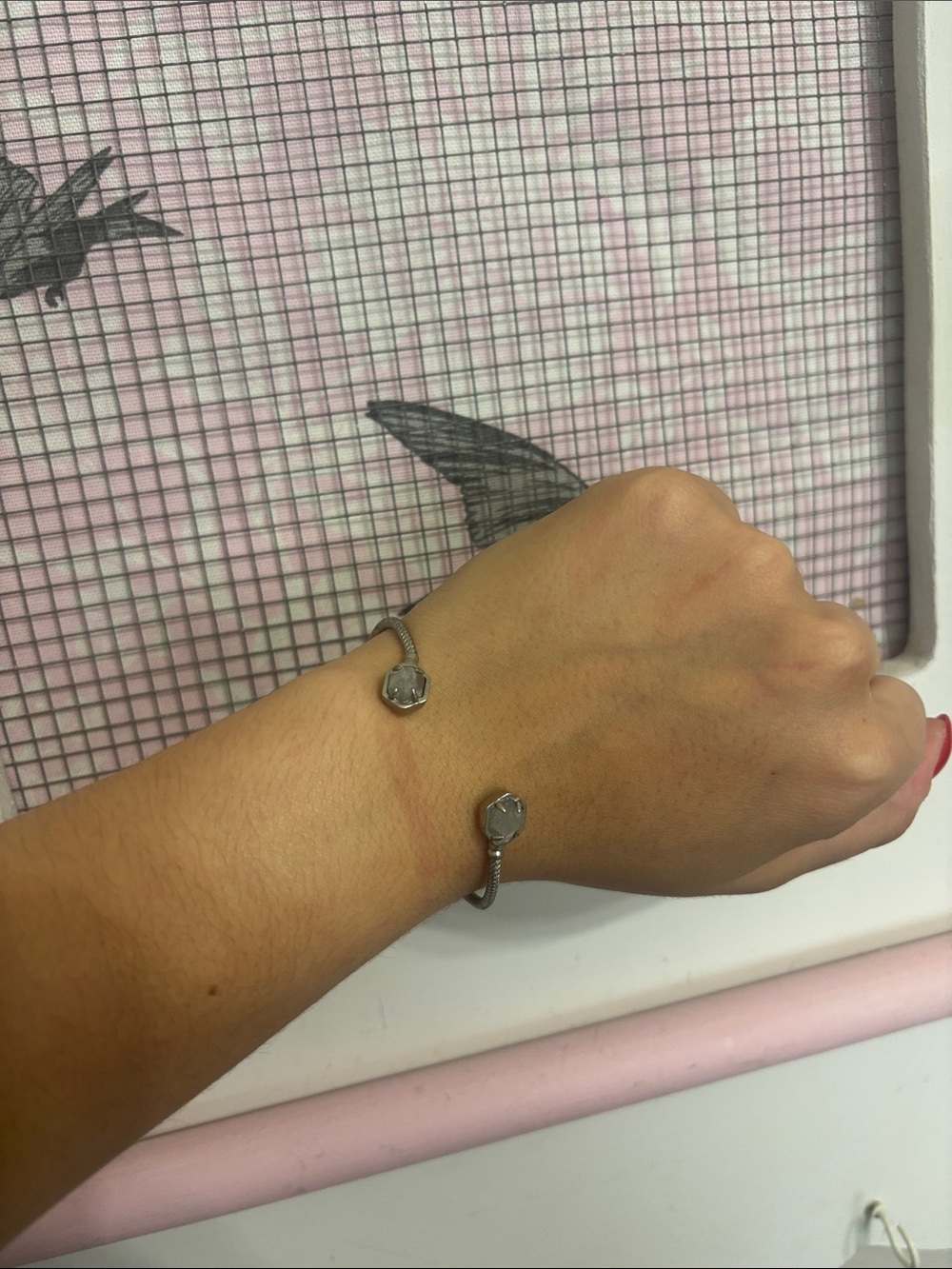 Silver Open Cuff Bracelet with Hex Stone Accent - Women Jewelry